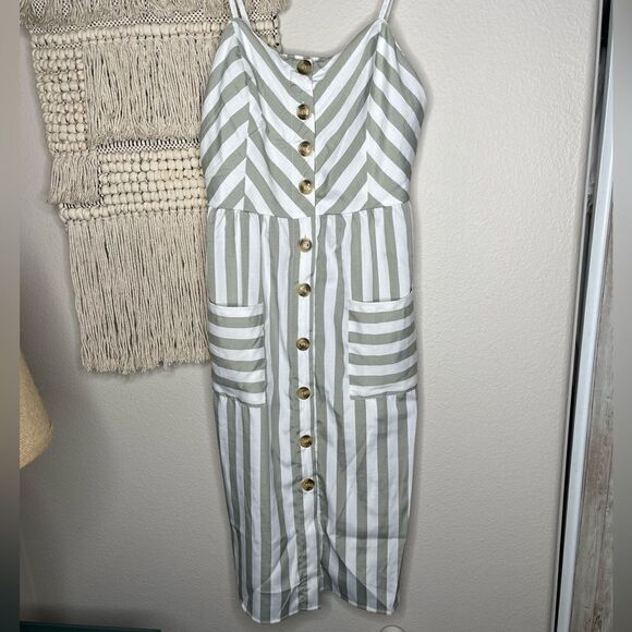 Style House Sage Green Striped Dress - Picture 2 of 7